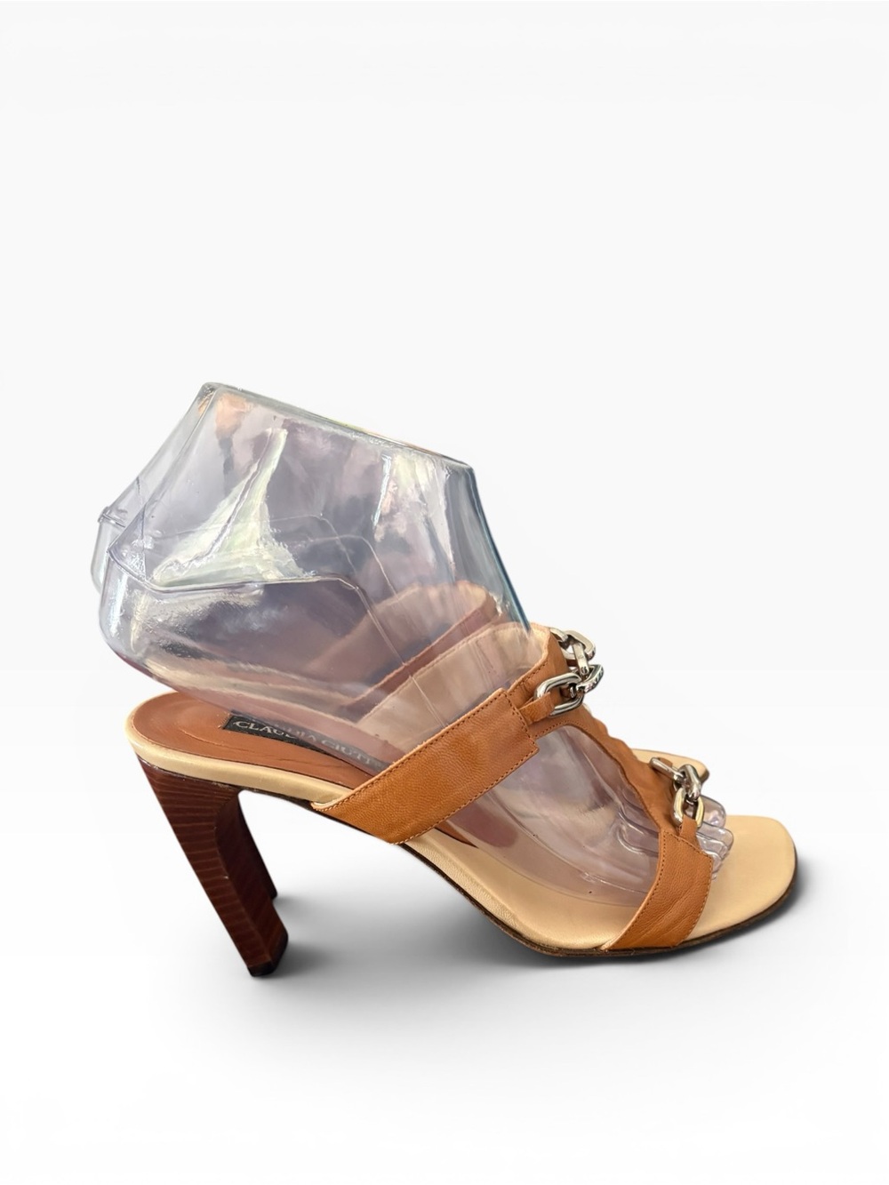 Vintage Claudia Cuiti Leather Strap Y2K Chain Architectural Heel Sandal Sz 6.5